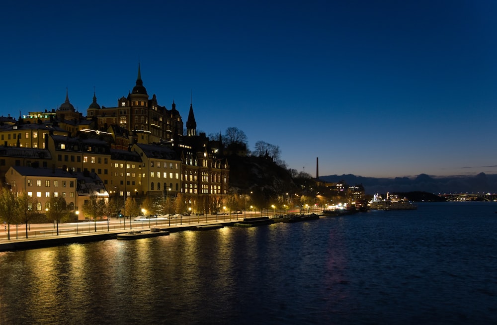 a night view of a city by the water