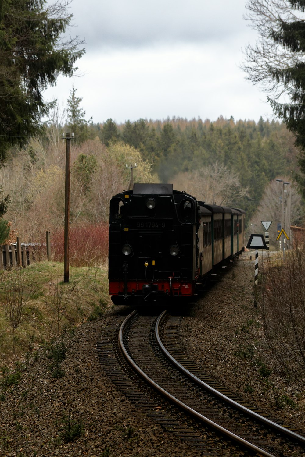 a train traveling down train tracks next to a forest