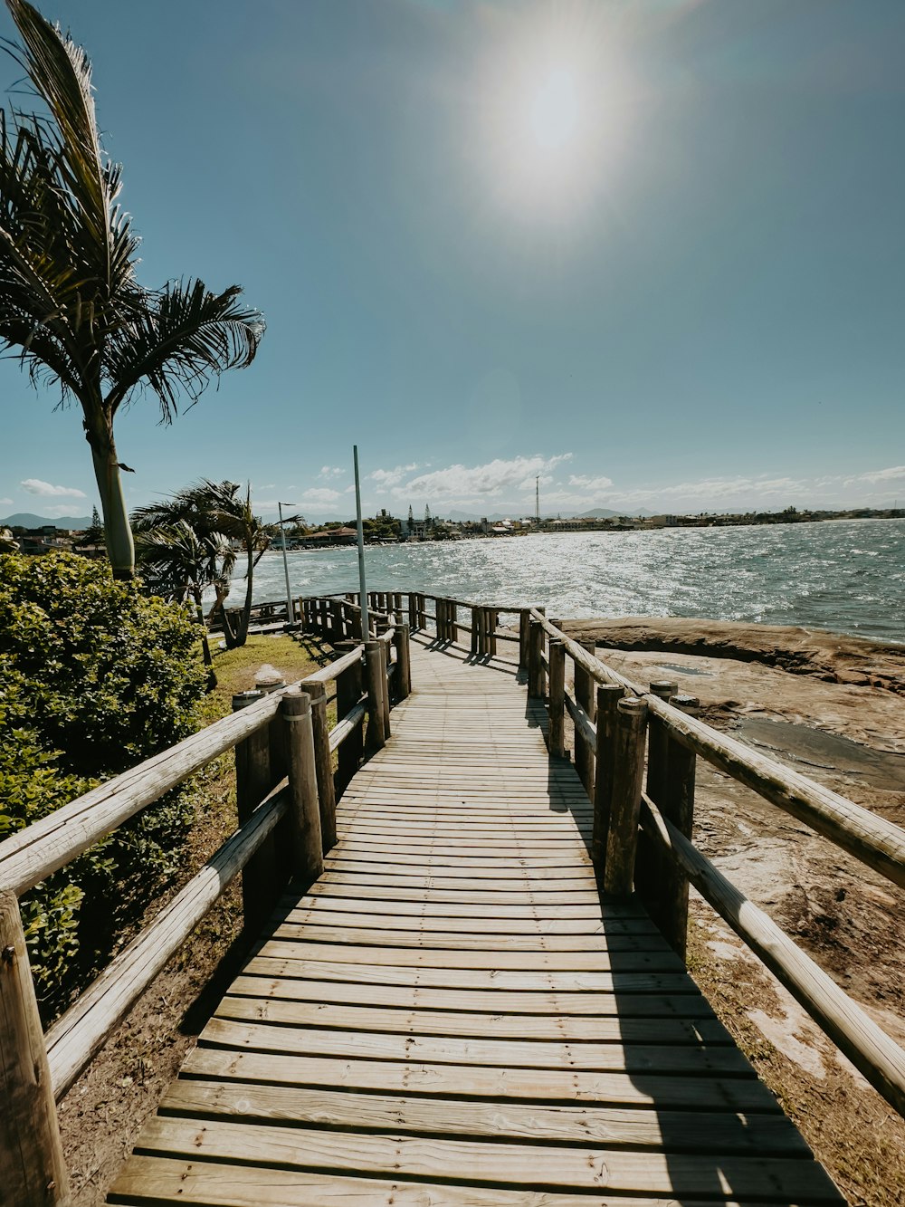a wooden walkway leading to a beach with palm trees