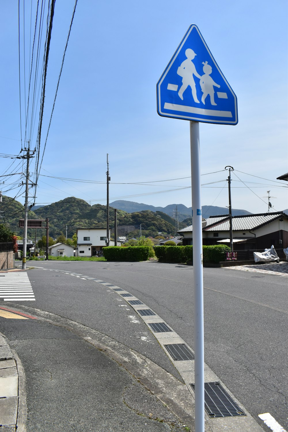 a blue pedestrian crossing sign sitting on the side of a road