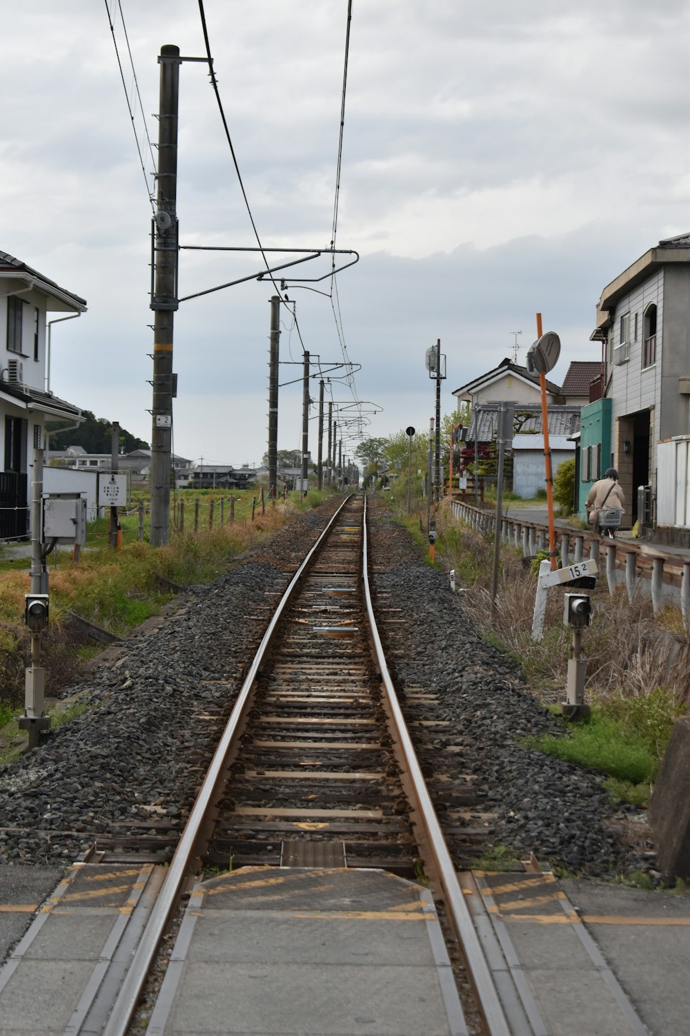 a train track running through a small town