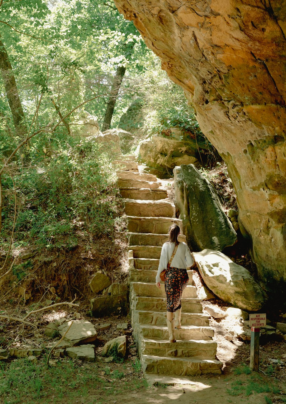 a woman walking up a set of stairs in the woods