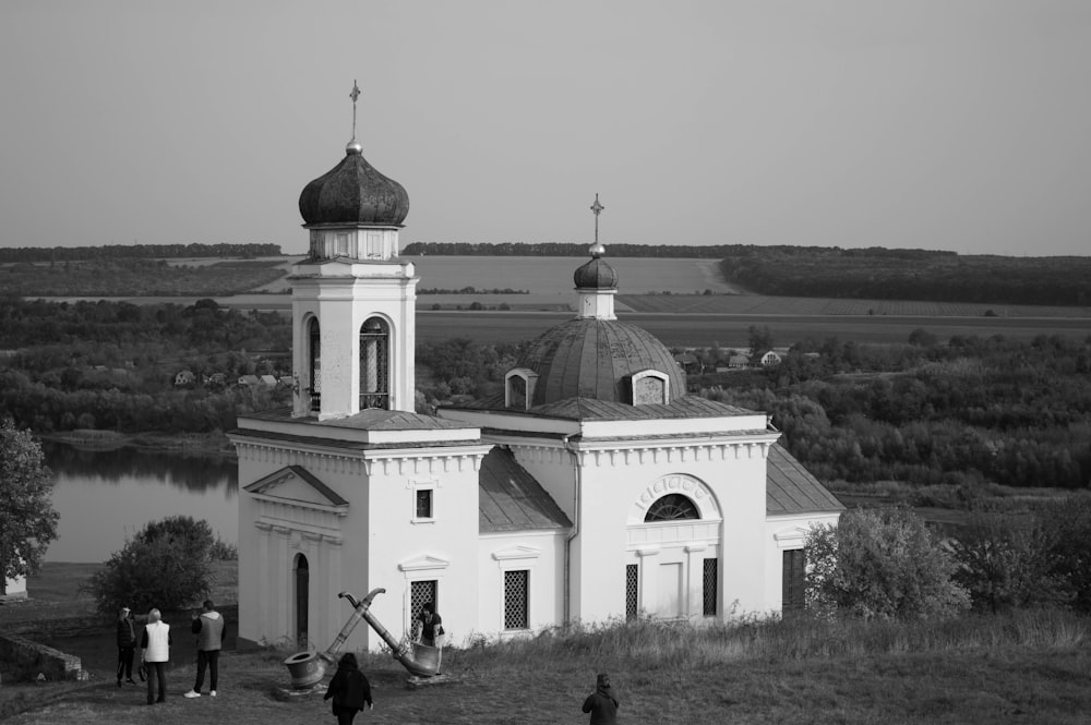 a black and white photo of a church