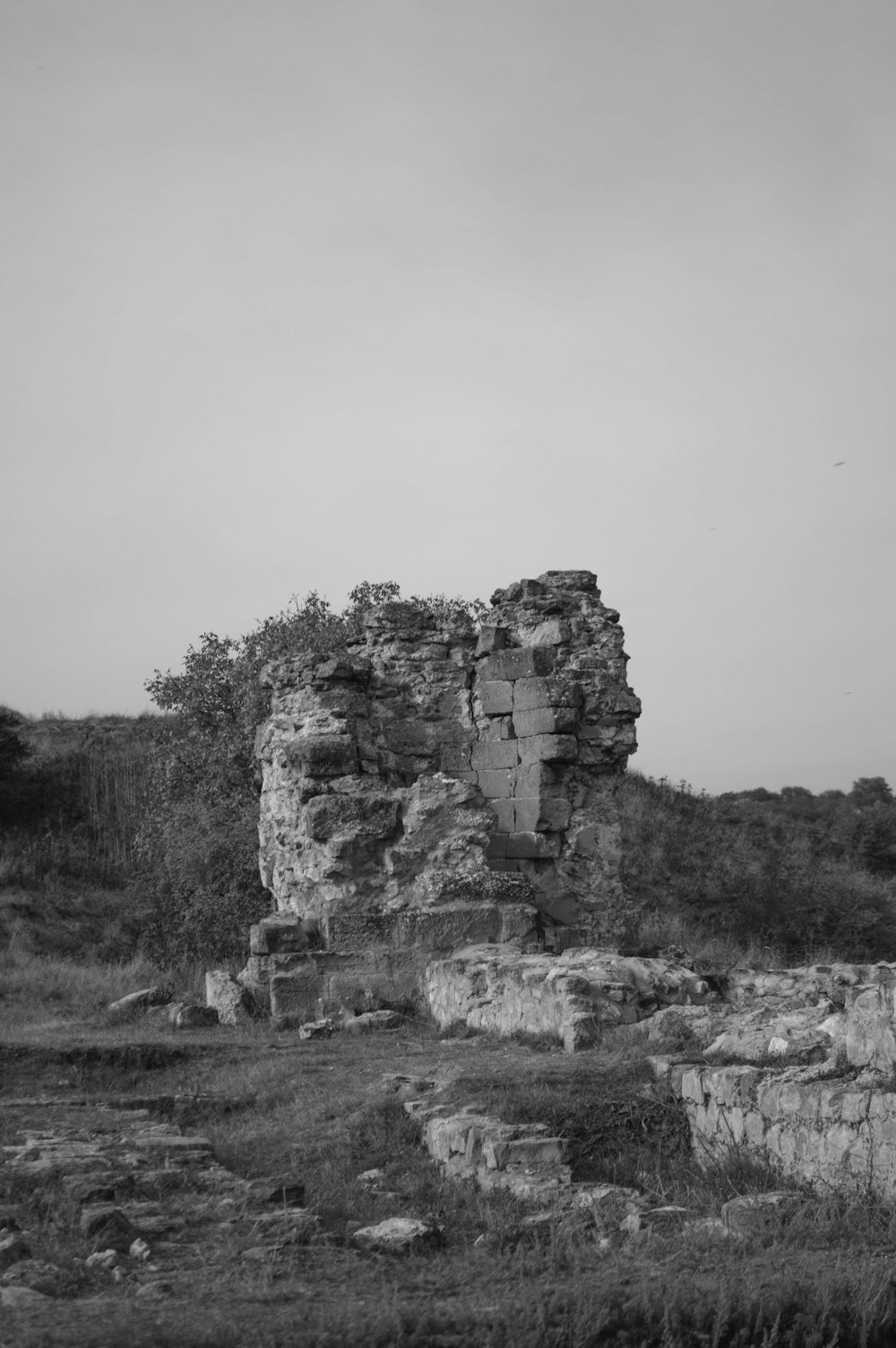 a black and white photo of a ruined building