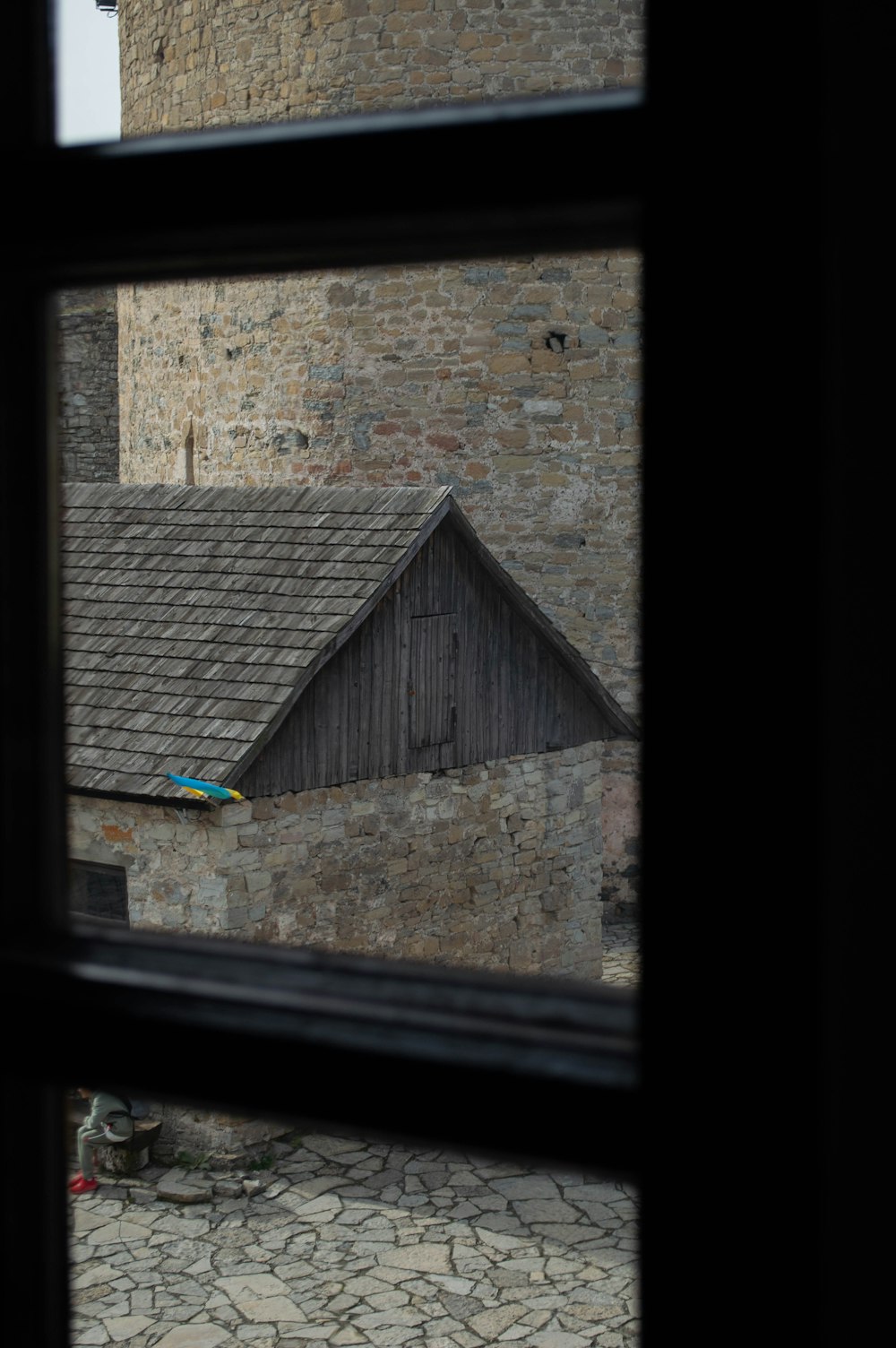 a view of a building through a window