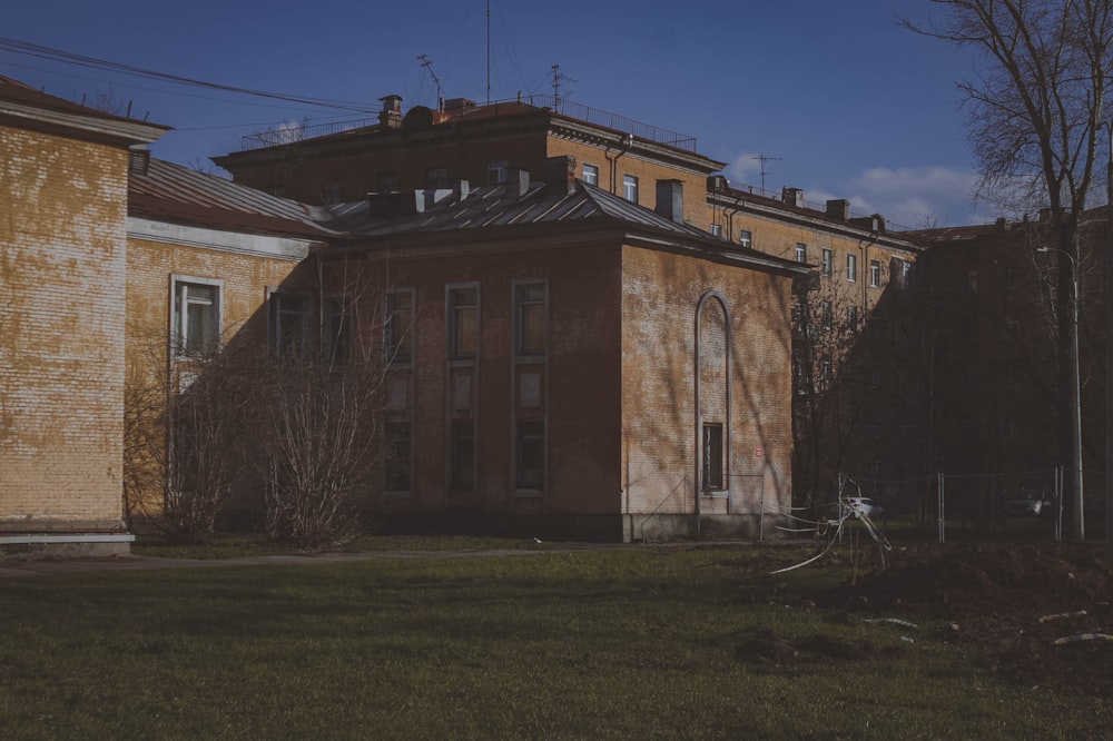 an old building with a bicycle parked in front of it