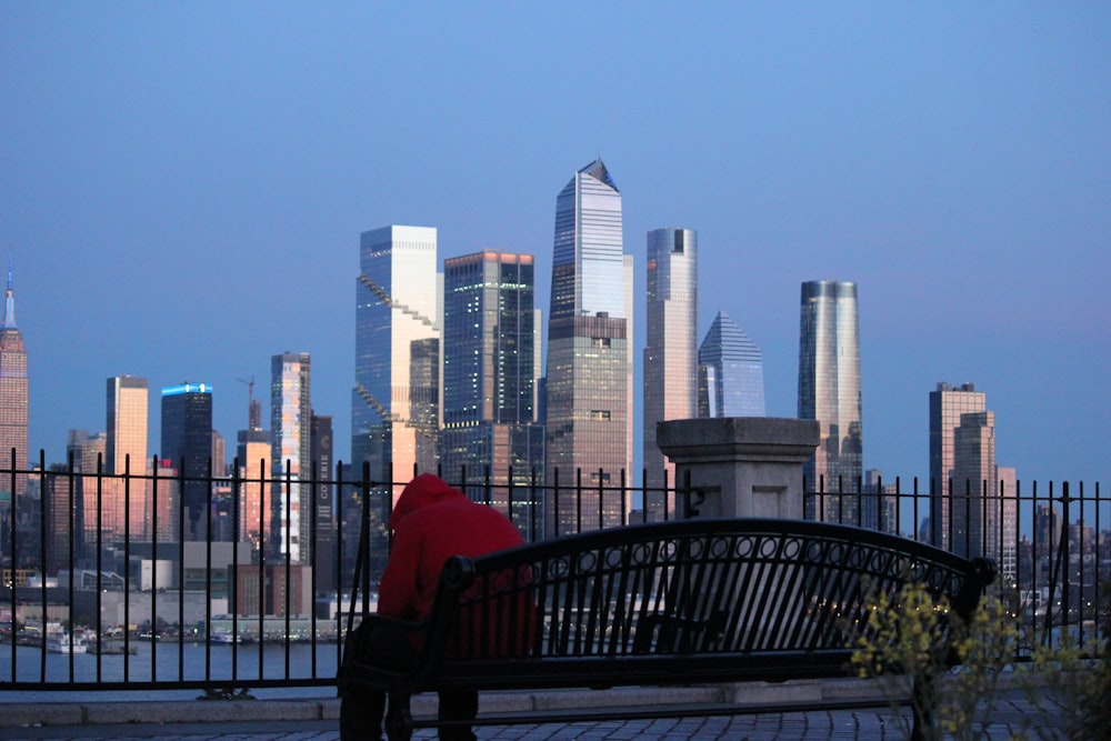 a person sitting on a bench in front of a city skyline