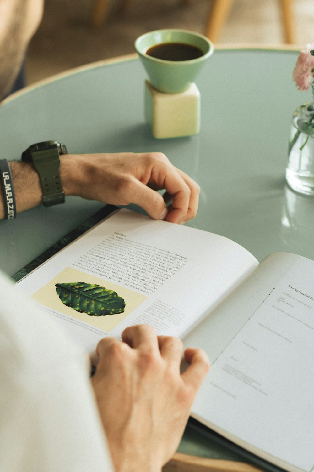 a person sitting at a table reading a book