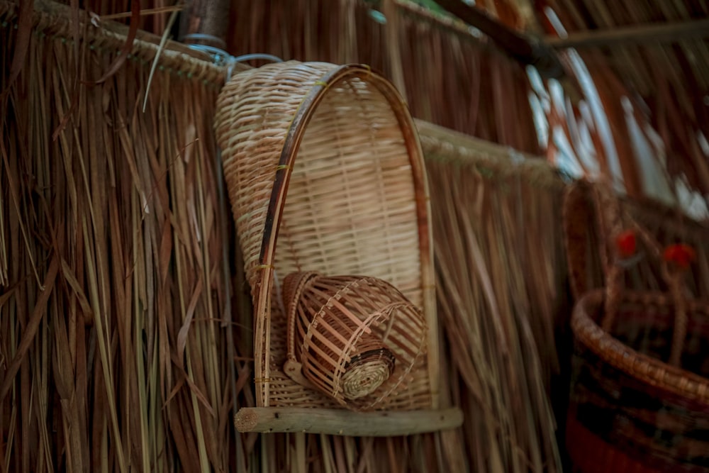 a close up of a basket on a wall