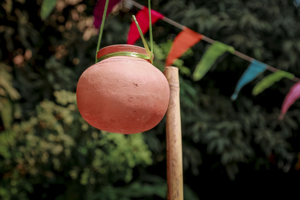 a pink vase hanging from a wooden pole
