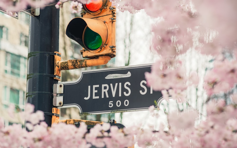 a traffic light with a street sign hanging from it's side