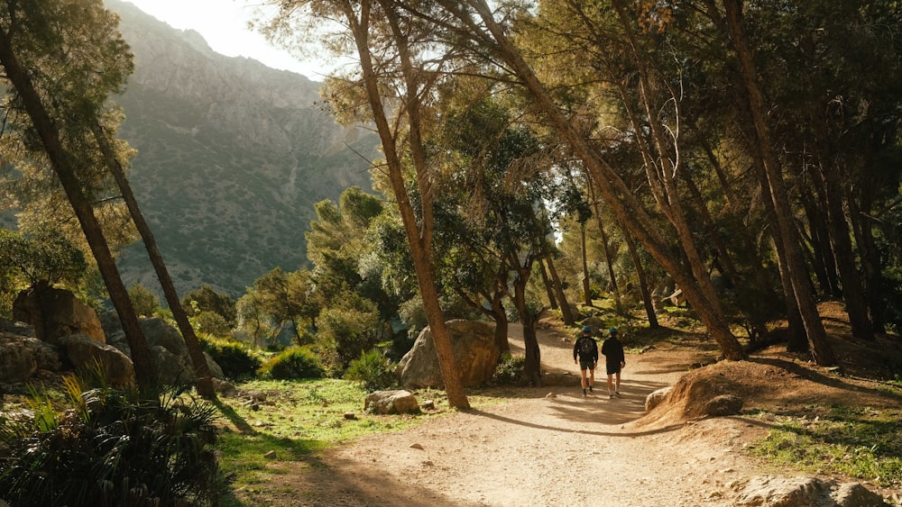 a couple of people walking down a dirt road