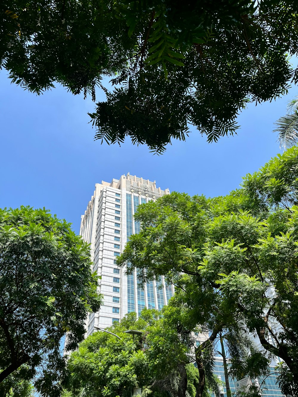 a tall building surrounded by trees and a blue sky