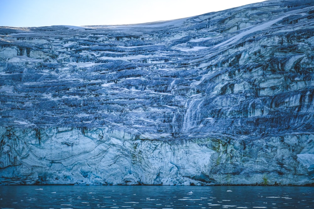 a large glacier with a mountain in the background