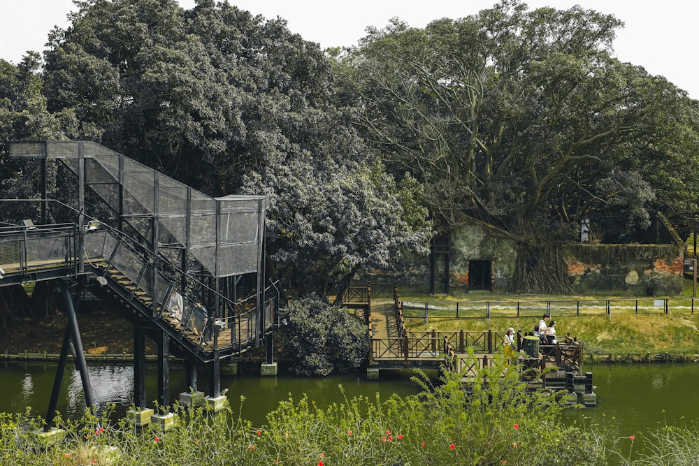 a bridge over a body of water surrounded by trees