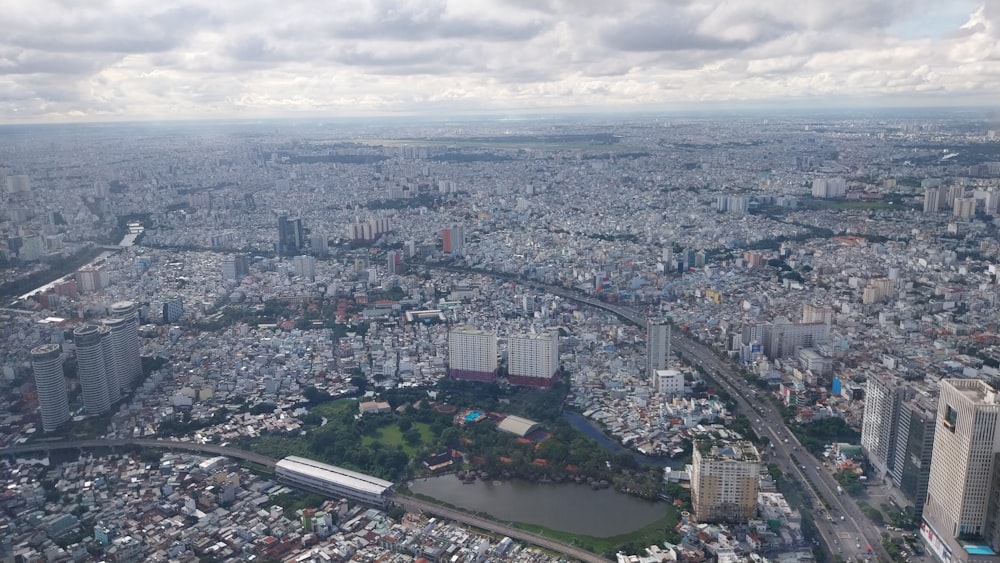 an aerial view of a city from a plane