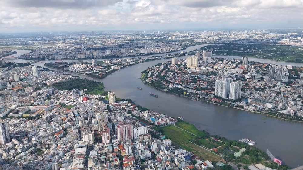 an aerial view of a city and a river