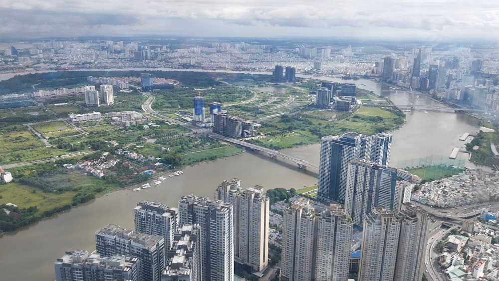 an aerial view of a city and a river