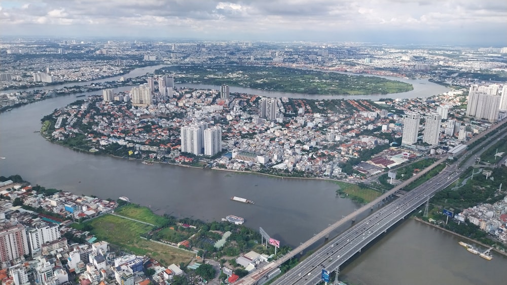 an aerial view of a city and a river