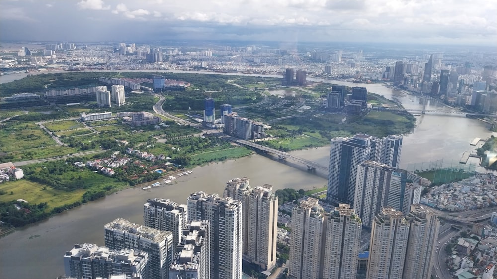 an aerial view of a city and a river