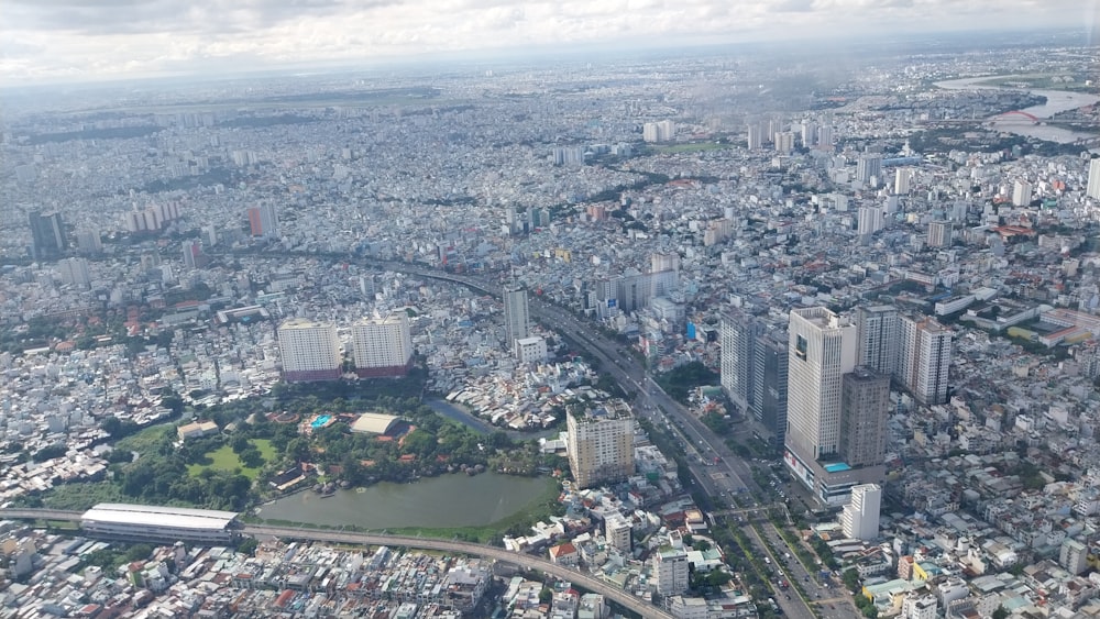 an aerial view of a large city with lots of tall buildings