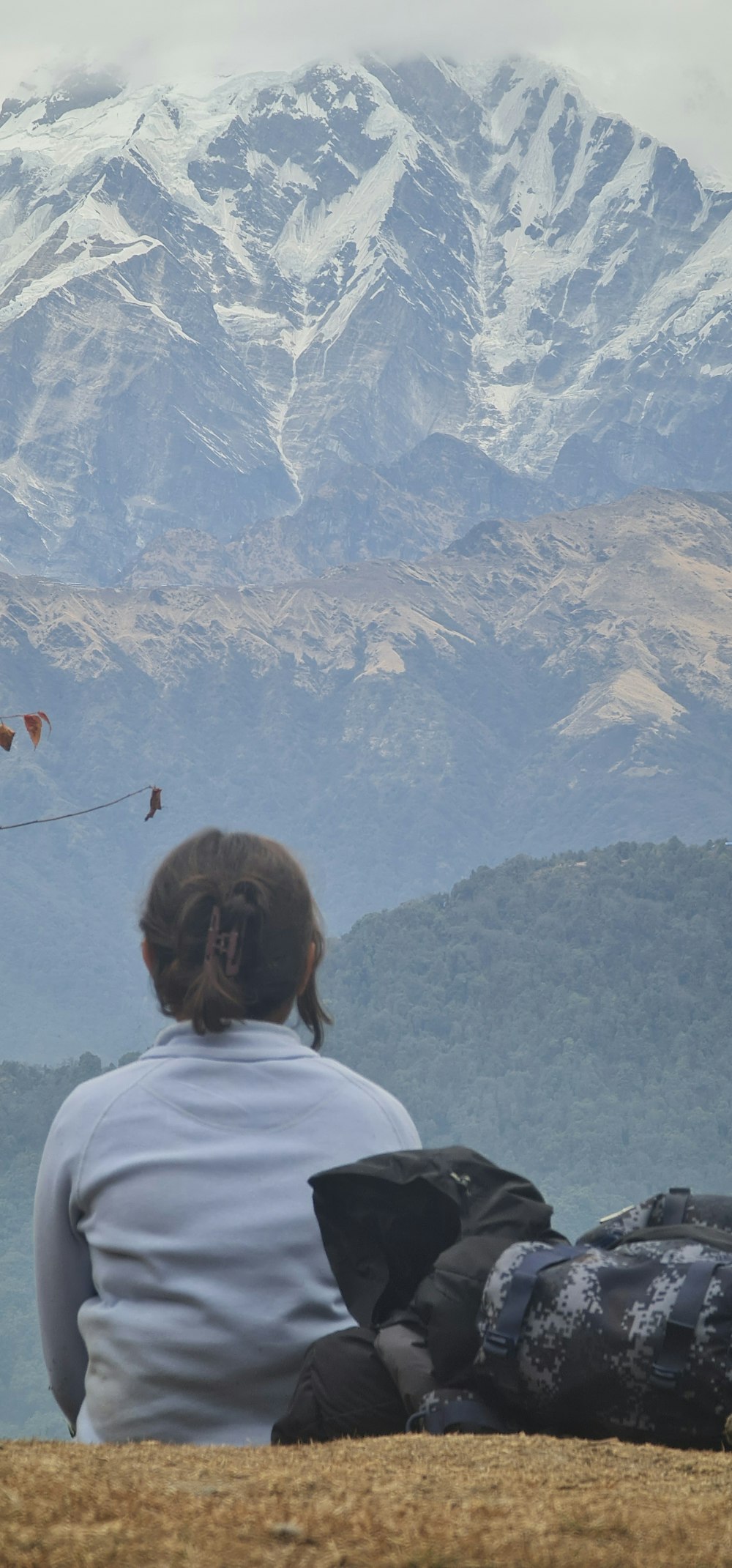 une femme assise au sommet d’une colline couverte d’herbe