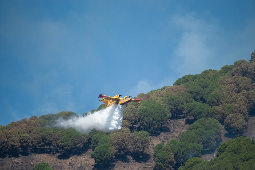 una avioneta volando sobre una exuberante ladera verde