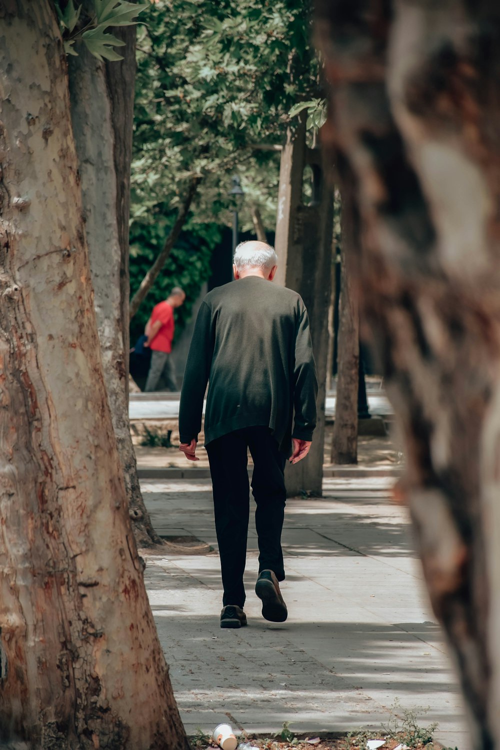 a man walking down a sidewalk next to trees