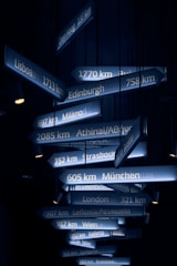 a bunch of street signs hanging from a ceiling