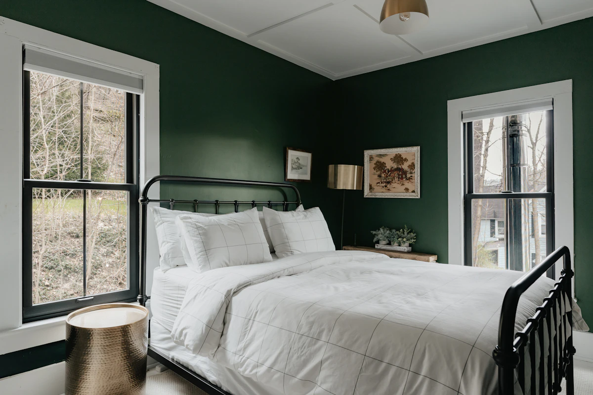 Bed with a wooden headboard