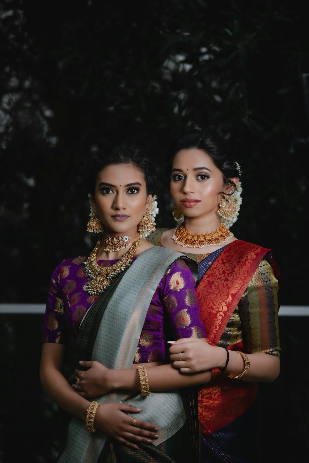 two women in traditional indian garb posing for a photo