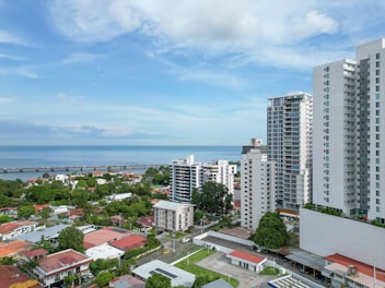 a view of a city with a body of water in the background