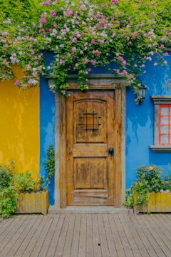 a blue and yellow house with a wooden door