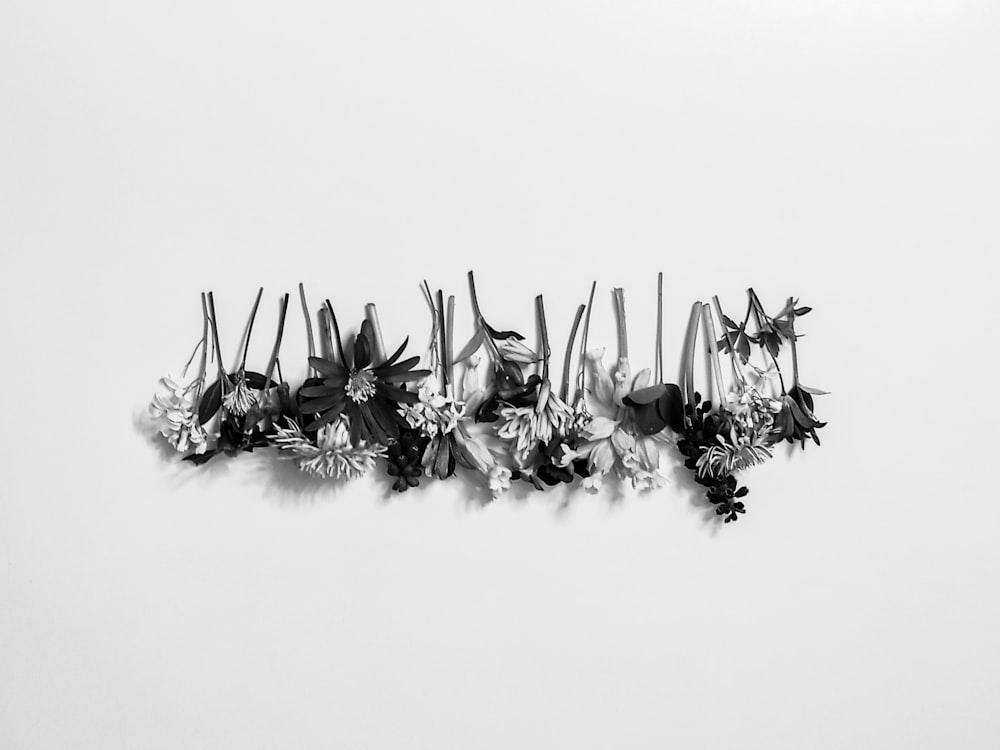photographie en noir et blanc de fleurs accrochées à un mur