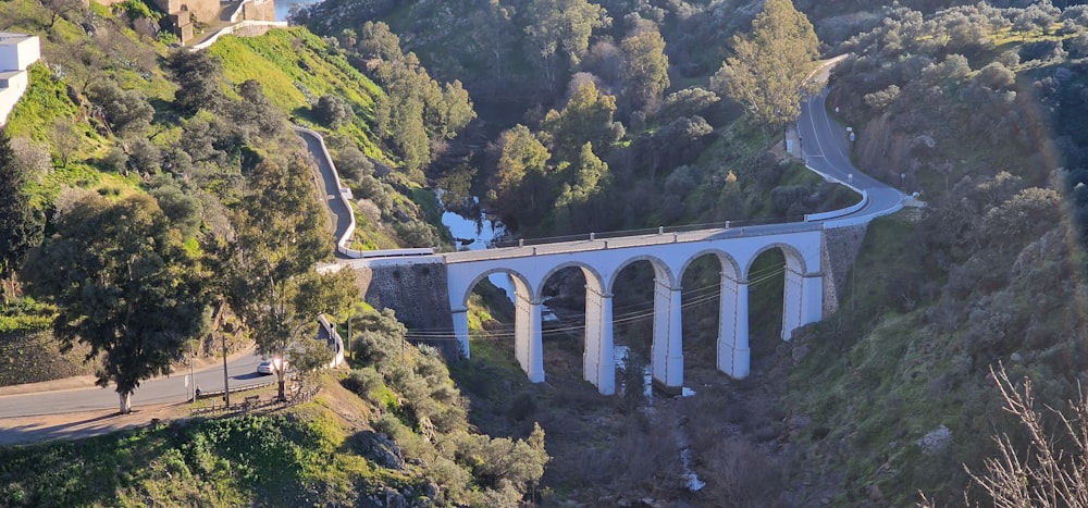 a train traveling over a bridge in the mountains