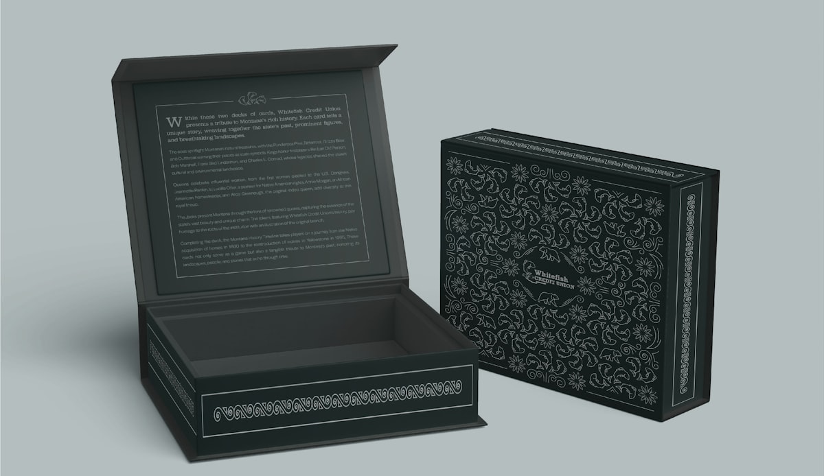 Elegant black book-style rigid box with product inside showing hinged lid design