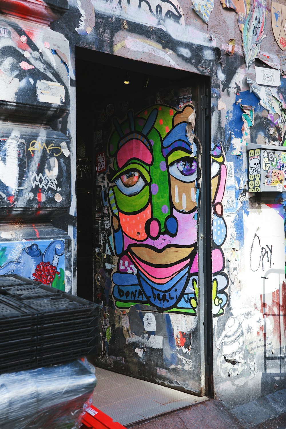 a door with a colorful face painted on it