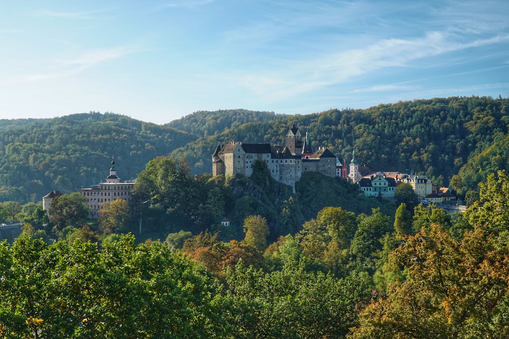 a castle on top of a hill surrounded by trees