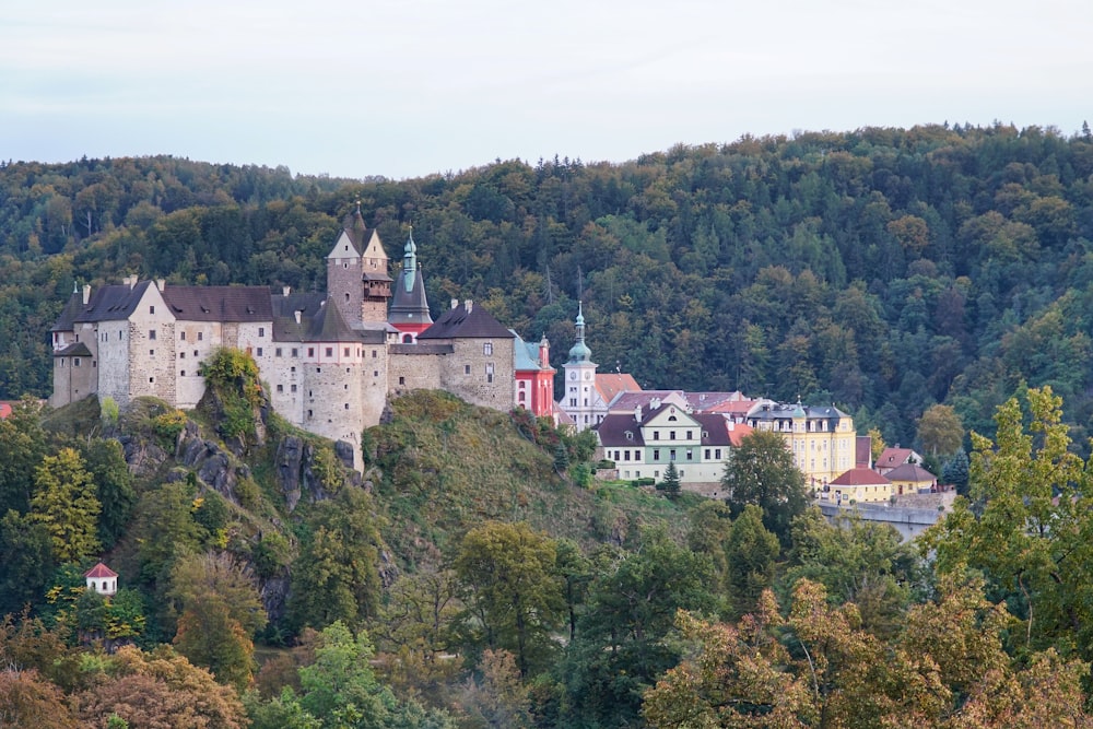 a castle on a hill surrounded by trees