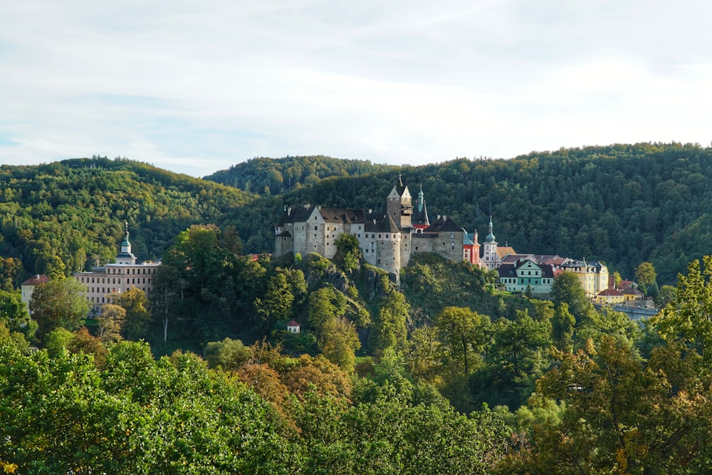 a castle on top of a hill surrounded by trees