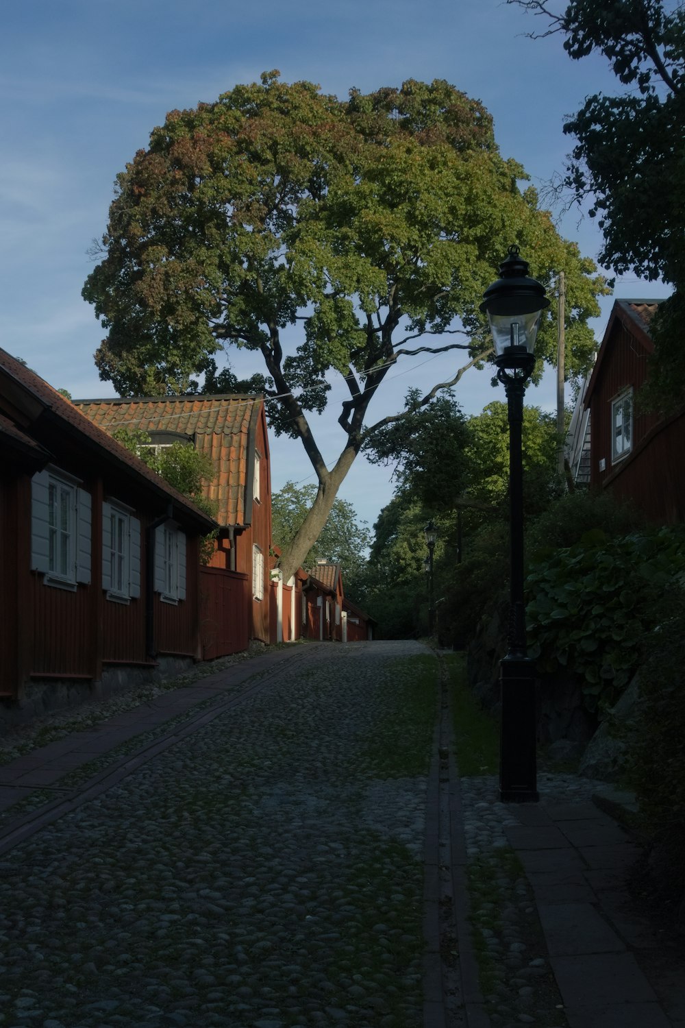 a cobblestone street with a lamp post in the foreground