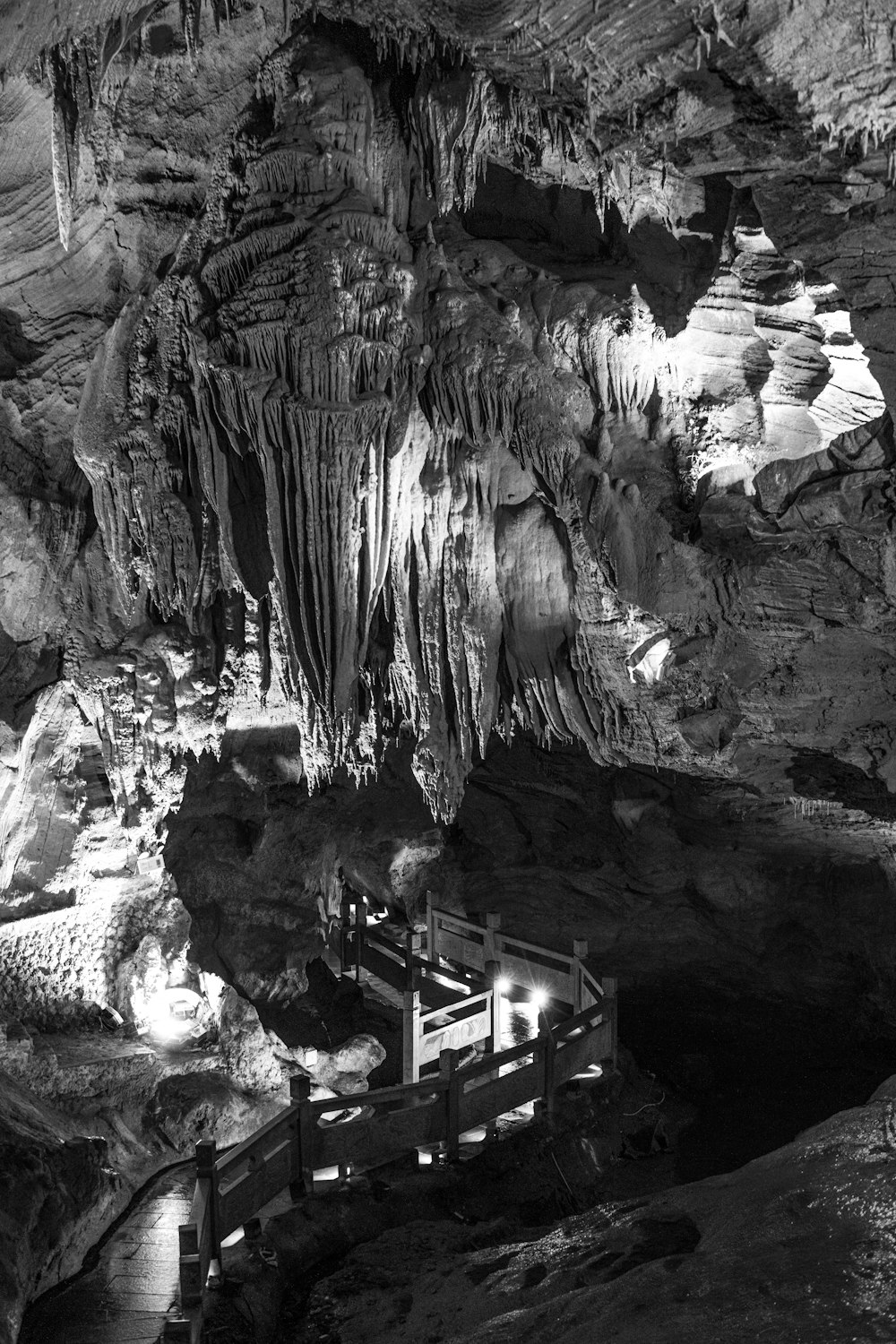 a black and white photo of a cave