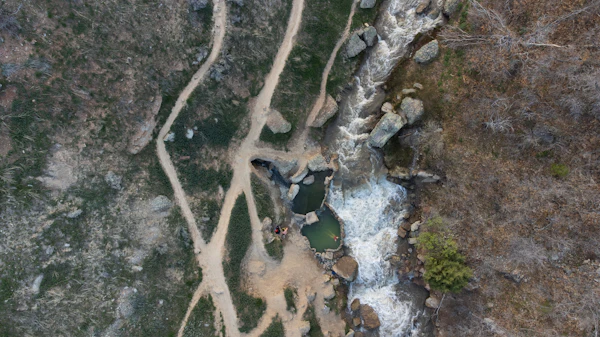 森を蛇行する川を上空から見た写真。人生の中間点と分岐を象徴するイメージ