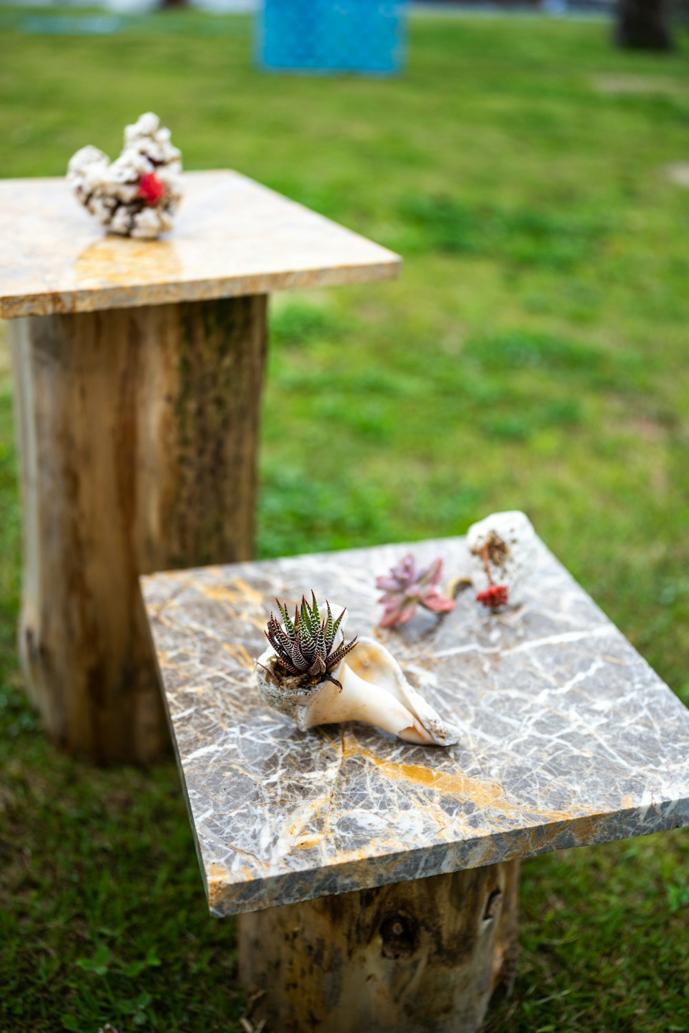 a couple of wooden tables sitting on top of a lush green field