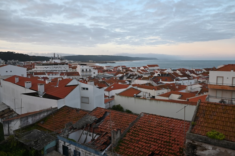 a view of a city with red roofs and a body of water in the distance