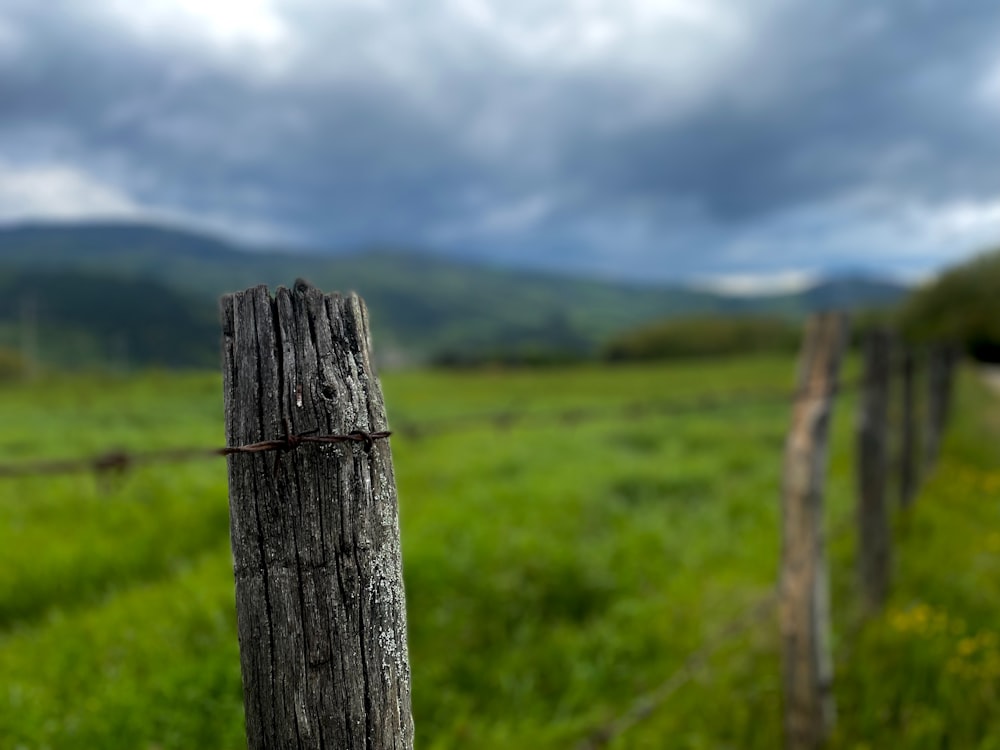 a wooden fence in a grassy field with mountains in the background