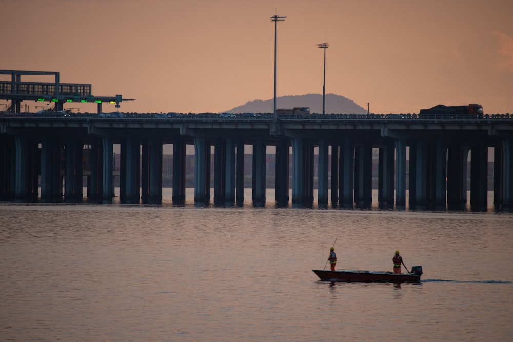 a couple of people in a small boat on a body of water