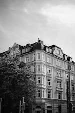 a black and white photo of a large building
