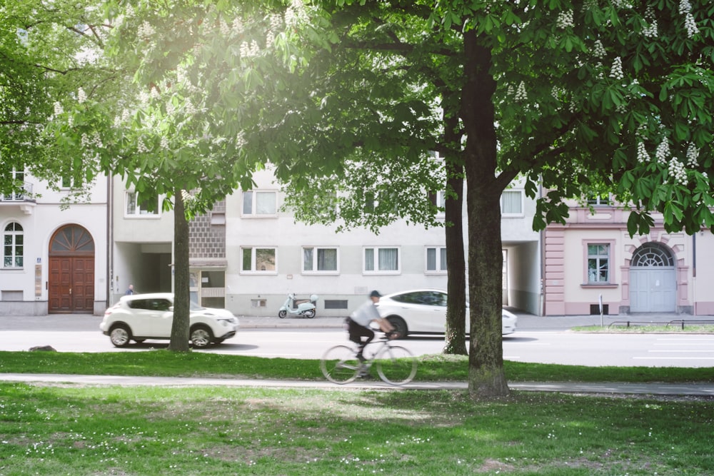 a man riding a bike down a tree lined street