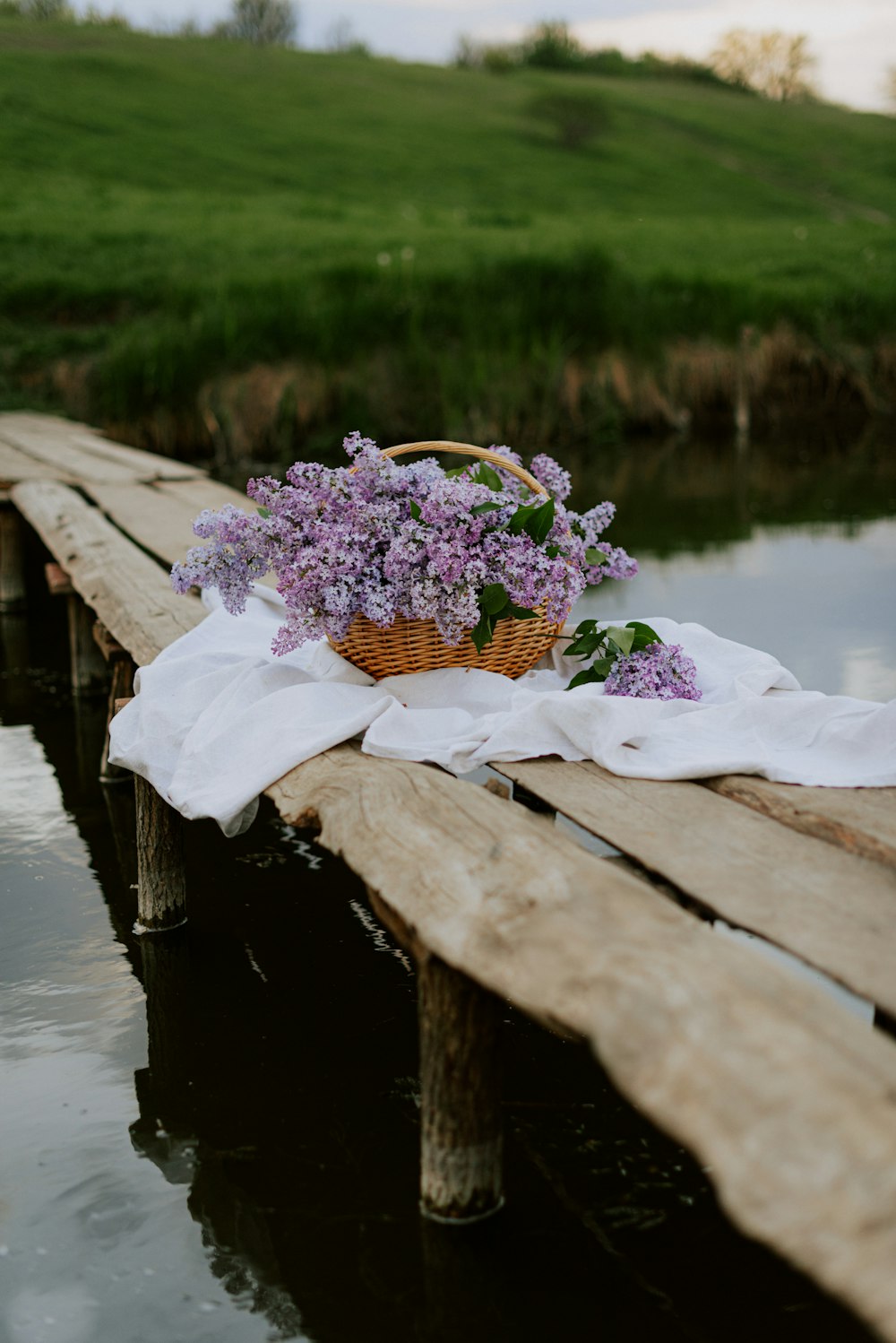 a basket filled with purple flowers sitting on top of a wooden dock
